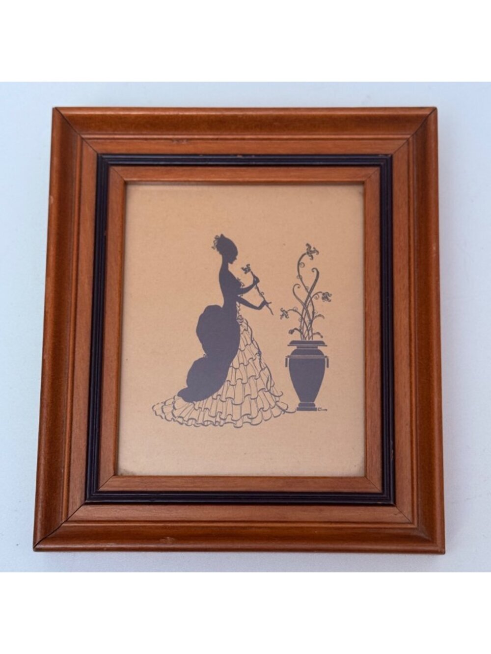 Vintage Wood Framed Art Print Victorian Lady Silhouette Wallace Nutting 6" high